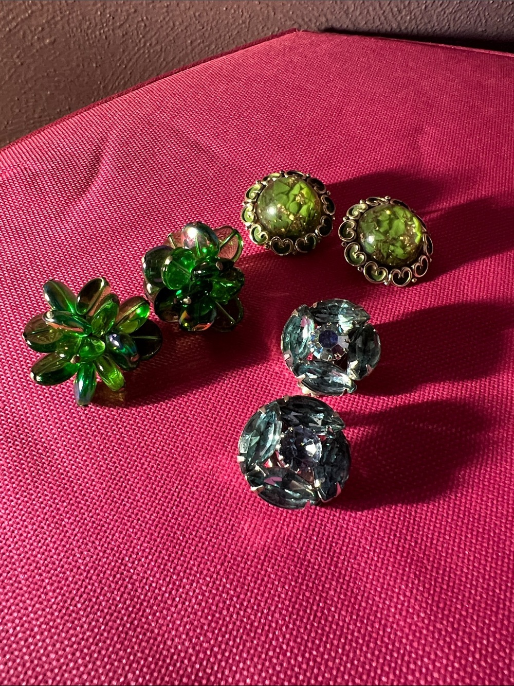 Green and Blue Vintage Glass and Rhinestone Cluster Earrings Set Of 3
